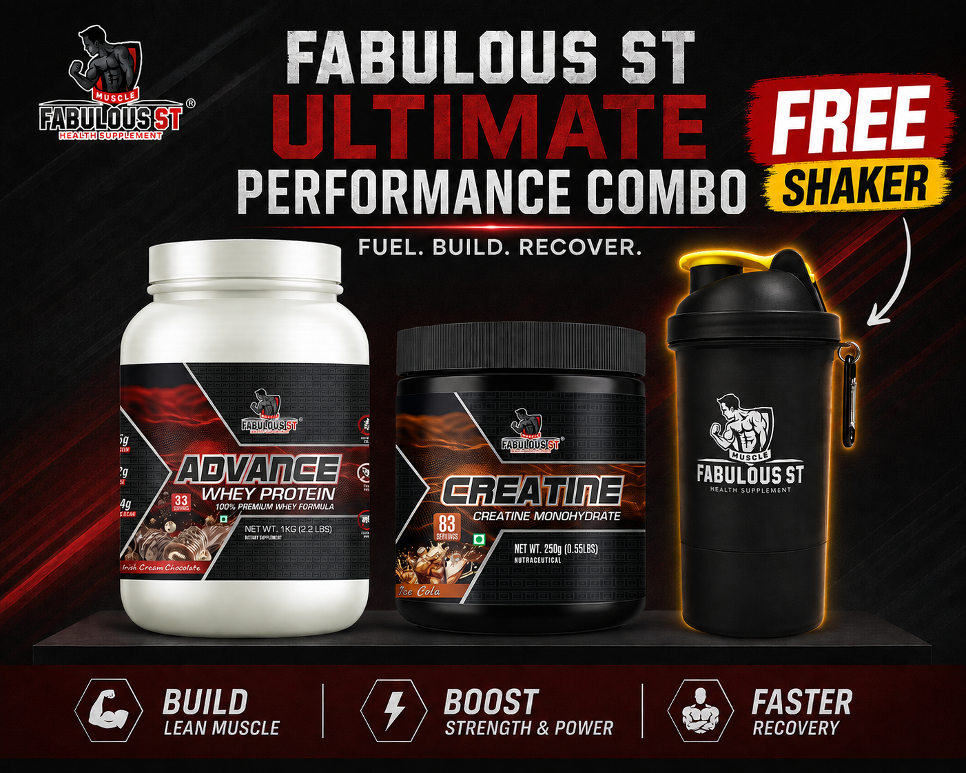 MUSCLE FABULOUS ST ULTIMATE PERFORMANCE COMBO – ADVANCE WHEY PROTEIN 1KG + CREATINE MONOHYDRATE 250G + FREE SHAKER